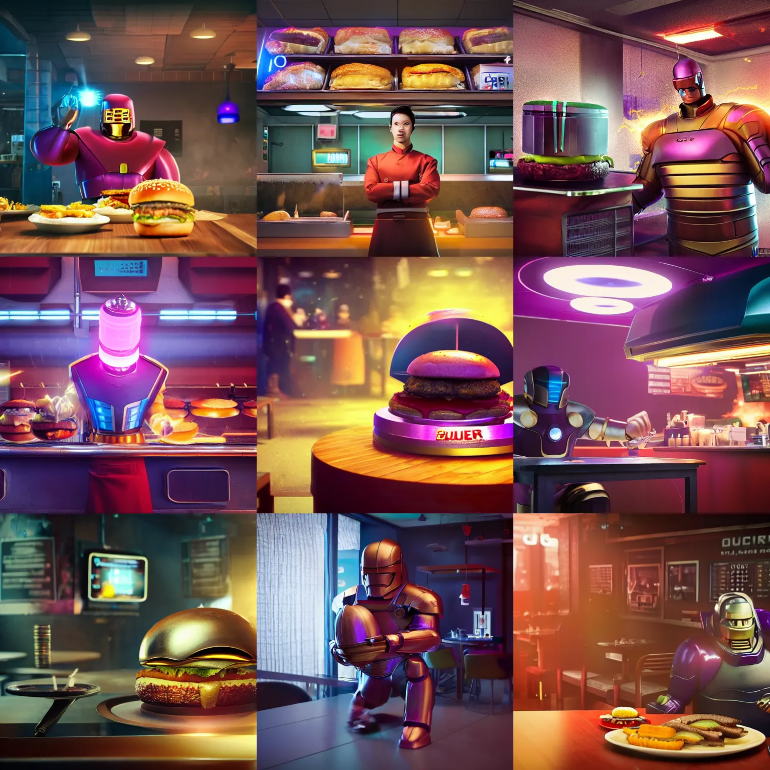 Prompt: kang the conqueror working at burger kang, hyper realistic, cinematic composition, ambient lighting, cinematic, nuke compositor, 3 d, cinema 4 d, trending at artstation, octane render