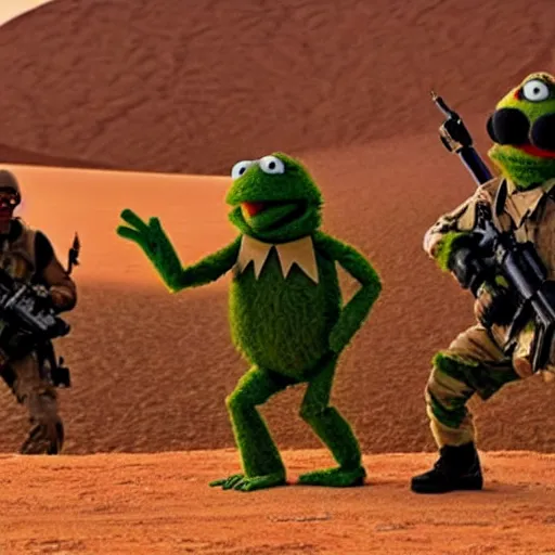 Prompt: special forces muppets fighting in a desert. photograph from action movie.