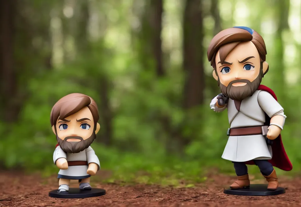 Image similar to side view of obi wan kenobi of disney movie as nendoroid running in a forest, 8 k hd dof, kodak film,