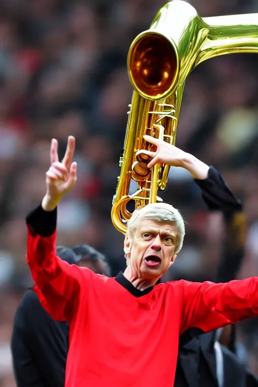 Prompt: a photo of arsene wenger going wild on a saxaphone