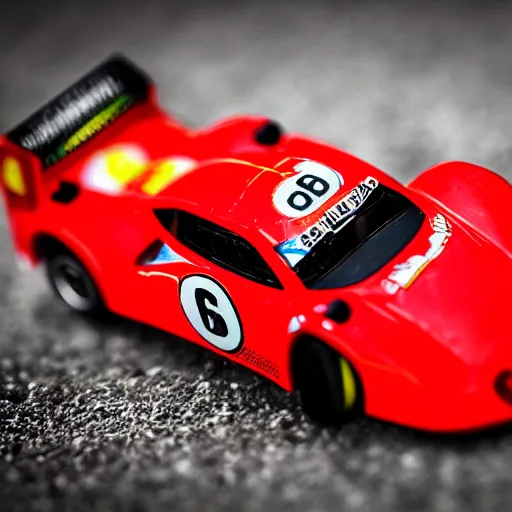 Prompt: photograph, hot wheels, formula 1, ferrari, monza, macro, bokeh