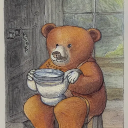 Image similar to a grumpy human man wearing a bear costume, holding a goldfish bowl. watercolour with pencil, in the style of beatrix potter.