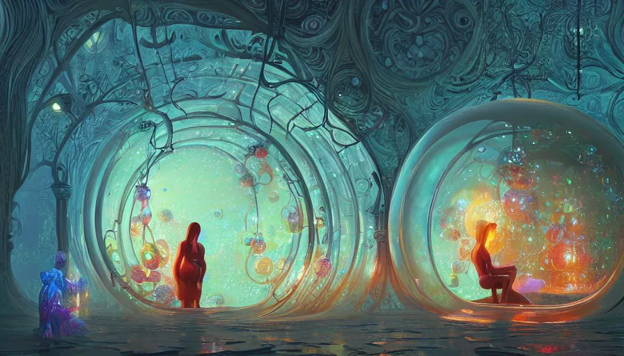 Image similar to a beautiful woman inside ornate bubbles of iridescent liquid, alchemy, intricate, bloom, detailed, volumetric lighting, sharp focus, photorealism, digital painting, highly detailed, concept art, by roger dean and simon stalenhag and mark brooks