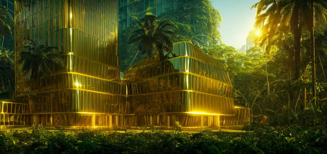 Image similar to futuristic shinny golden building in an jungle landscape of a biopunk city by taras shevchenko, movie poster, golden ratio, evening lighting, film still, realistic, octane render redshift arnold materials unreal engine, 8 k post production, hyper detailed