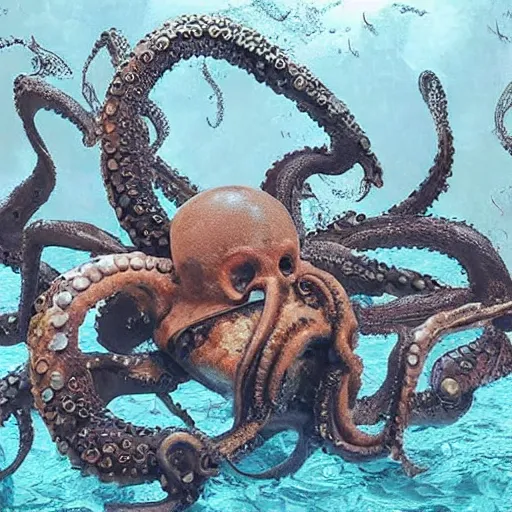 Image similar to octopus made out of evil skull with horns, beautiful underwater nature photograph with dynamic lighting and murky water