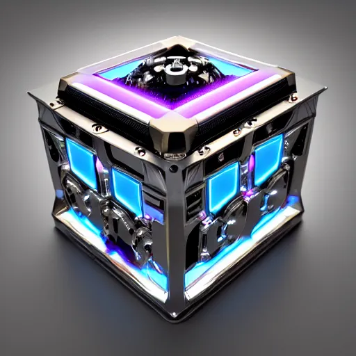Prompt: ultra detailed photorealistic the c 4 d render huge square blind box with high - tech bling covered with mechanical parts, cinematic light, sci fi, glossy, cybernetic machines, colorful, wires, robotics, futuristic decor, trending on artstation, global illumination, ultra realistic illustration, matte painting, high detailed, unreal engine, octane render, by sparth