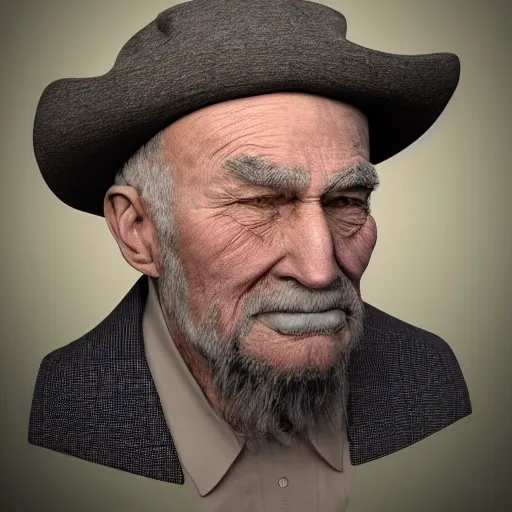 Prompt: realistic renderings of very old man portrait with a hat, astonishing scenes