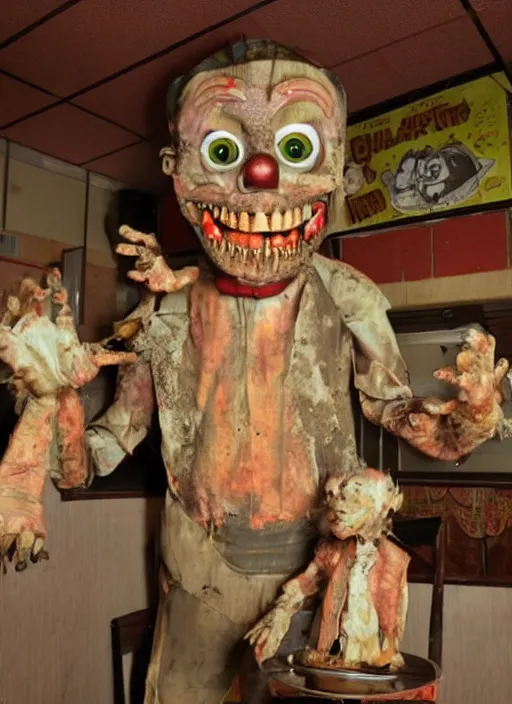 Prompt: a nightmarish animatronic in an abandoned family restaurant