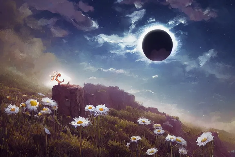 Image similar to giant white daisy flower crown on head, girl jumping on cliff, surreal photography, solar eclipse, milky way, dramatic light, impressionist painting, clouds, digital painting, artstation, james gilleard, liam wong, jeremy mann, simon stalenhag