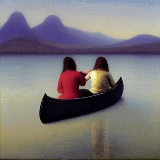 Image similar to “ girls sitting in canoe on the hudson river drinking beer!!!!!!!!, mountains in fog background, painting, by odd nerdrum ”