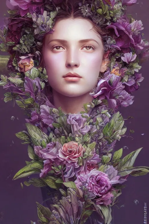Prompt: ultra realistic illustration, beautiful statue of a flower bouquet, close up shot, cyberpunk, sci-fi, fantasy, intricate, elegant, highly detailed, digital painting, artstation, concept art, smooth, sharp focus, illustration, art by artgerm and greg rutkowski and alphonse mucha, rene magritte, surrealism