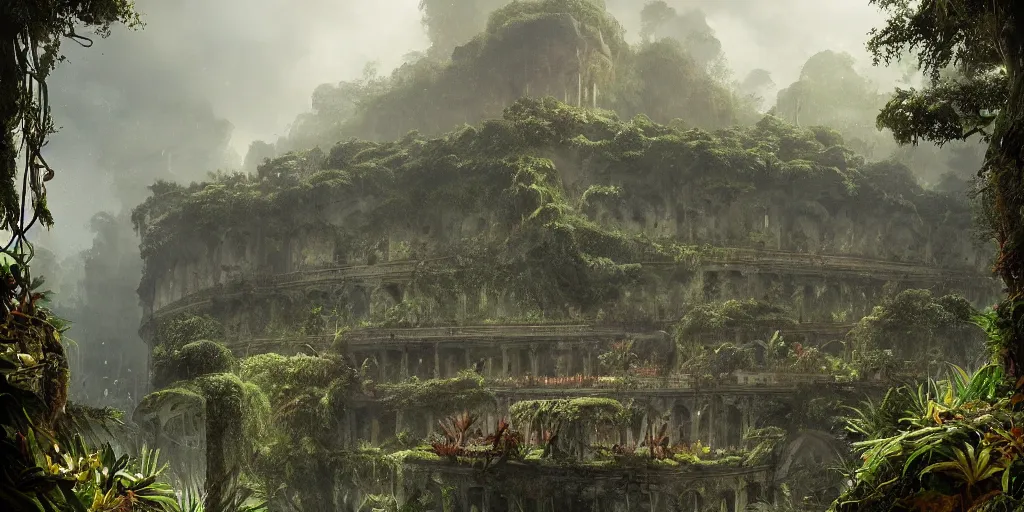 Prompt: An epic matte painting of an overgrown coloseum in the jungle, dark, mysterious, by Greg Rutkowski and Raphael Lacoste, intricate, gorgeous, tropical, stunning, 4k resolution, featured on artstation, f16