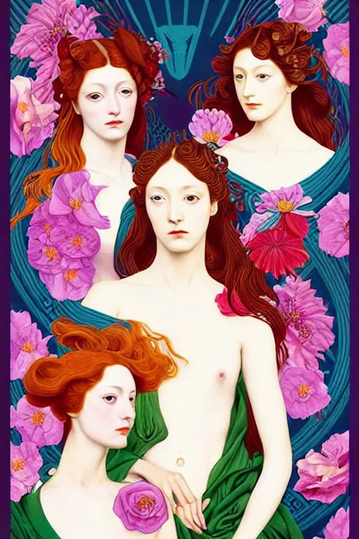 Image similar to 3 Spring Muses symbolically representing March, April, and May, in a style blending Æon Flux, Peter Chung, Shepard Fairey, Botticelli, Ivan Bolivian, and John Singer Sargent, inspired by pre-raphaelite paintings, shoujo manga, and cool Japanese street fashion, dramatically blossoming flora and fauna, petals falling everywhere, pastel vivid triad colors, hyper detailed, super fine inking lines, ethereal and otherworldly, 4K extremely photorealistic, Arnold render
