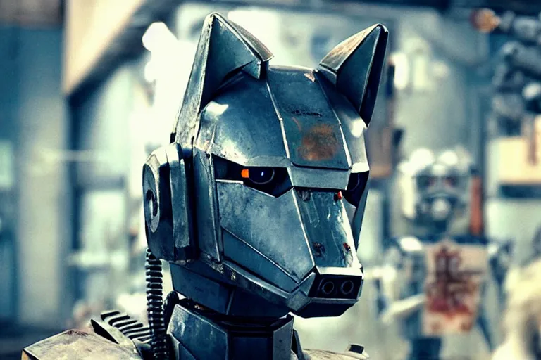 Prompt: film still from the movie chappie of the robot chappie shiny metal outdoor scene bokeh depth of field furry anthro anthropomorphic stylized wolf dog canine ears head android service droid robot machine fursona