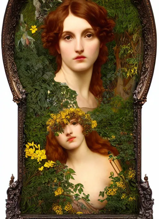 Image similar to masterpiece beautiful seductive flowing curves preraphaelite face portrait amongst leaves, extreme close up shot, straight bangs, thick set features, yellow ochre ornate medieval dress, magpie, amongst foliage mushroom forest circle arch framing, kilian eng and frederic leighton and rosetti, 4 k