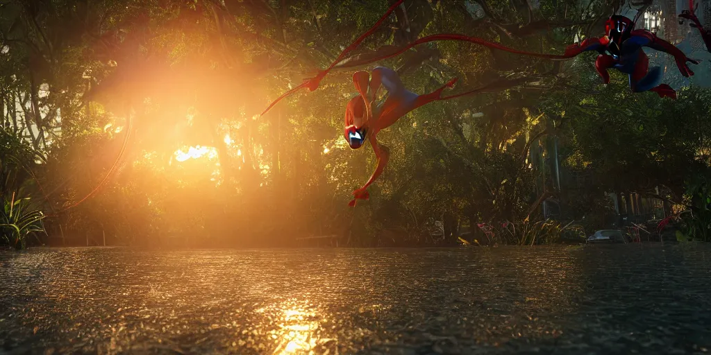 Image similar to spiderman in webb, surrounded by lush green vegetation, ground - level view, puddles of water, spiderweb, stunning volumetric lighting, sunset, trending on artstation, 8 k, photorealistic, hyper detailed, unreal engine 5, cinematic, epic lighting, cryengine, octane render, cyberpunk, red and orange glow, dark, gloomy