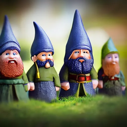 Image similar to garden gnome set of the fellowship of the ring, tilt shift, award winning, highly textured