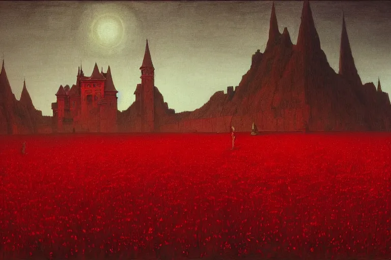 Image similar to only with red, red flowers, a crimson tiger, a castle in the background, medieval demons, an ancient path in the style of beksinski, part by hopper, part by rodcenko, part by hofbauer, intricate composition, red by caravaggio, insanely quality, highly detailed, masterpiece, red light, artstation