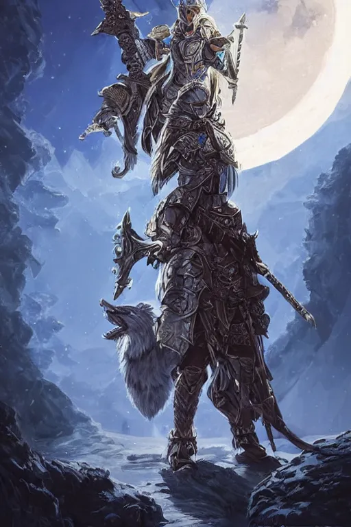 Image similar to Fantasy Paladin holding a tower shield and a spear, wearing an intricate azure full plated armor, Wolf companion by their side, moonlit, HD, illustration, epic, D&D, fantasy, intricate, elegant, highly detailed, digital painting, artstation, concept art, smooth, sharp focus, illustration, art by artgerm and greg rutkowski and alphonse mucha