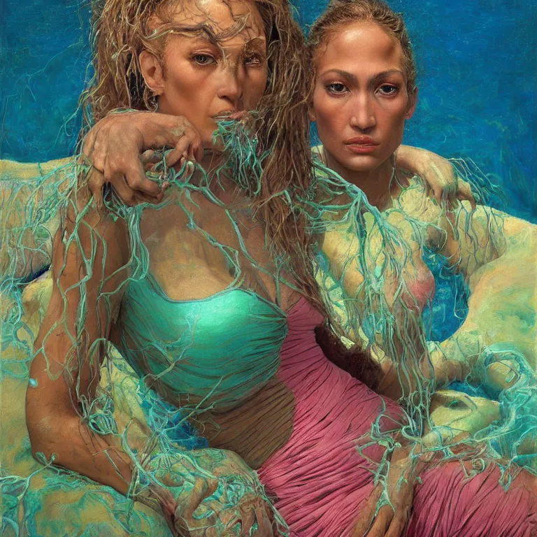 Prompt: Hyperrealistic intensely colored close up studio Photograph portrait of a deep sea bioluminescent Jennifer Lopez, beautiful face realistic proportions, sitting in a lawn chair in her back yard, award-winning portrait oil painting by Norman Rockwell and Zdzisław Beksiński vivid colors high contrast hyperrealism 8k