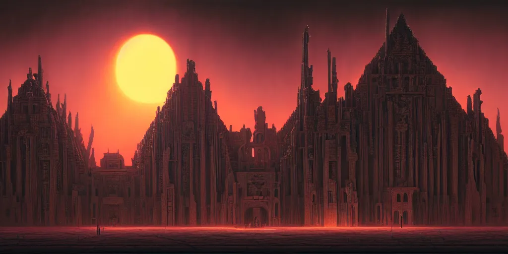 Image similar to sci - fi concrete baroque rococo gothic architecture in hell, babylonian, ziggurat, zaha hadid, beksinski, wayne barlowe, oil painting, photoreal, highly detailed, 8 k, hd, vray, artstation, cinematic matte painting, extreme detail photo quality, sunset, featured on behance