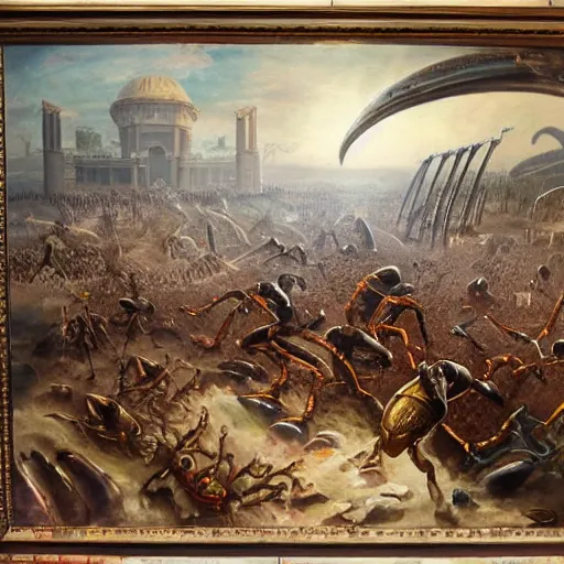 Image similar to alien invasion, fall of rome, epic painting