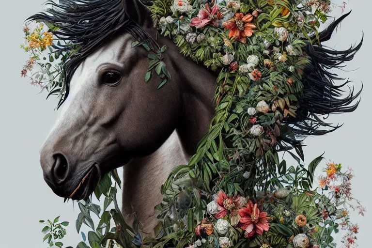 Image similar to a stunning horse made of plants by sandra chevrier and greg rutkowski, high key lighting, volumetric light, digital art, highly detailed, fine detail, intricate, ornate, complex, octane render, unreal engine, photorealistic