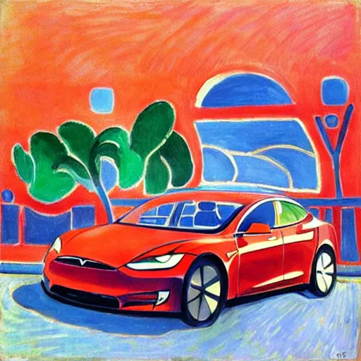 Image similar to “Driving in a Tesla car Painting by Henri Matisse”