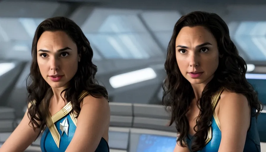 Image similar to Gal Gadot, in full starfleet uniform, is the captain of the starship Enterprise in the new Star Trek movie