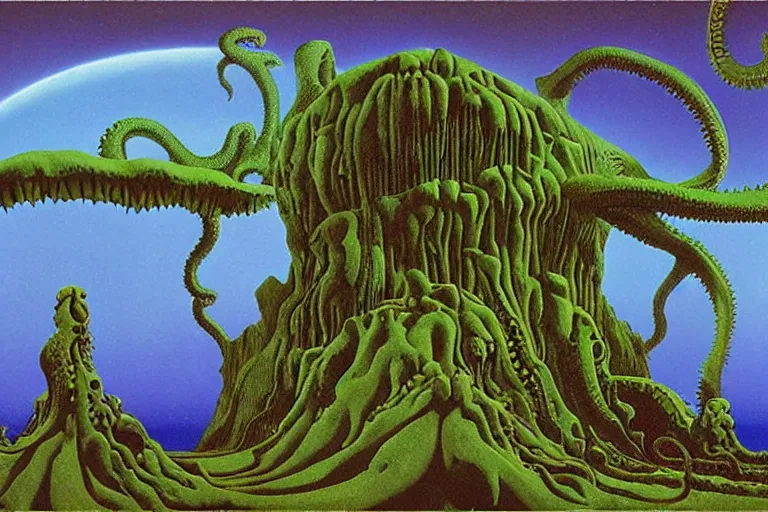 Prompt: lovecraftian landscape, another world by Roger Dean