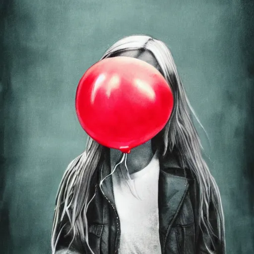 Prompt: grunge painting of billie eilish with a wide smile and a red balloon rick and morty style, creepy lighting, horror theme, detailed, elegant, intricate, conceptual