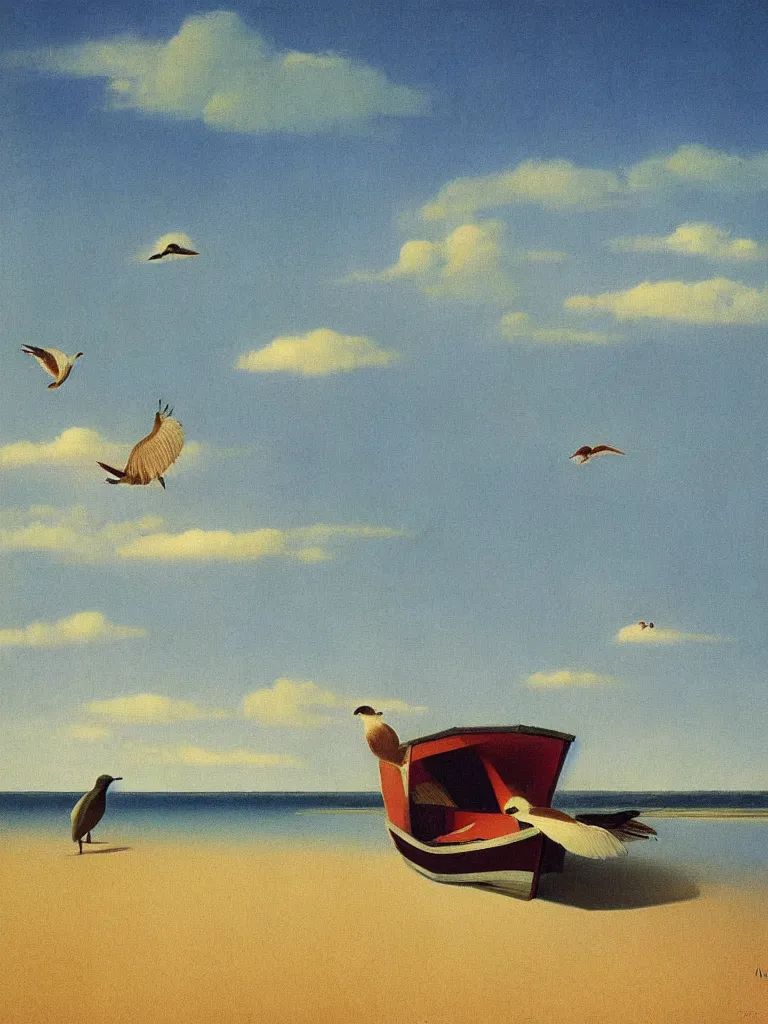 Prompt: a vintage neo retro poster painted of little traditional boat at bassin d'arcachon lac, a sand dune in the background with 3 birds in the sky, australian tonalism, pale gradients design, matte drawing, clean and simple design, outrun color palette. by Morandi, Agnes Pelton