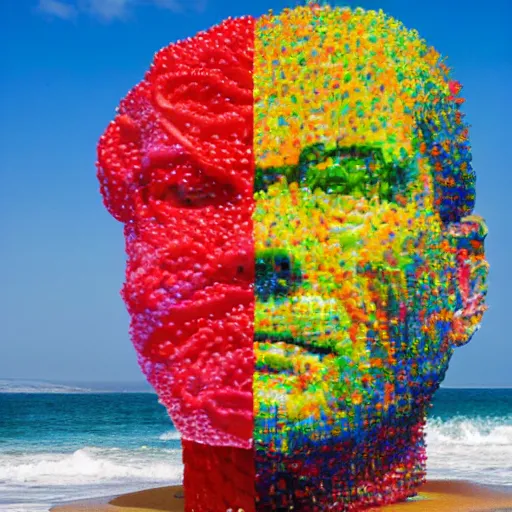 Image similar to a giant human head sculpture made out of thousands of small gummy bears placed on the surface of the ocean, in the style of chad knight, long shot, hyper detailed, hyper realistic, ray tracing, 8 k resolution, sharp focus, realistic water, award winning