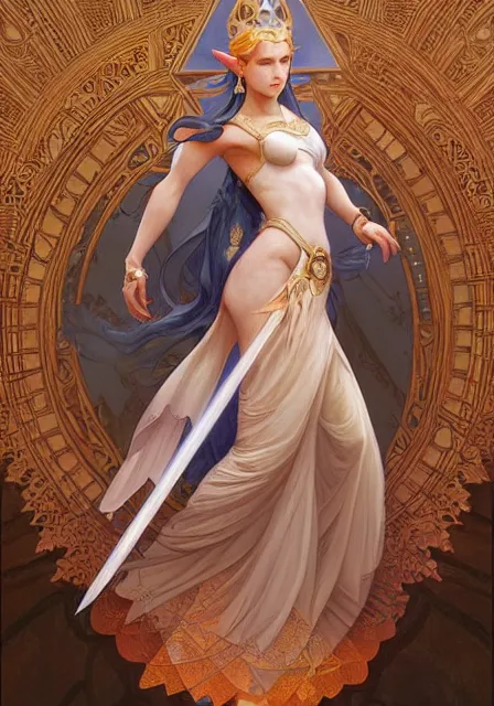 Image similar to zelda triforce princess, dance, intricate, elegant, highly detailed, digital painting, artstation, concept art, smooth, sharp focus, illustration, art by artgerm and greg rutkowski and alphonse mucha and william - adolphe bouguereau