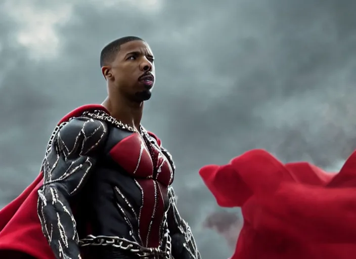 Image similar to film still of michael b jordan as spawn in the new spawn movie, giant chains, large cape, 8 k