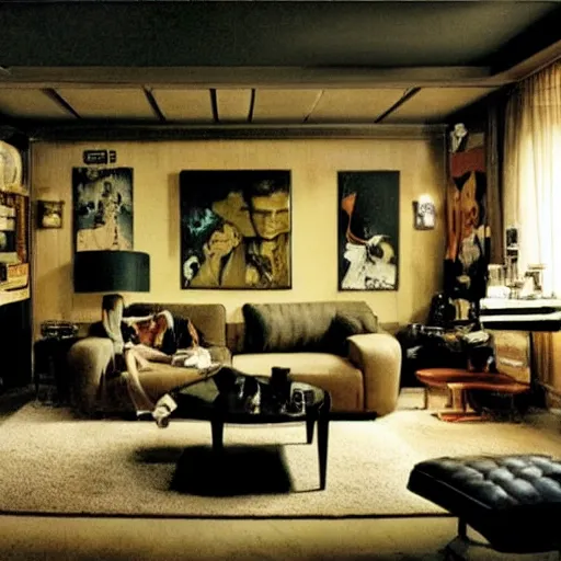 Image similar to rick deckard living room from bladerunner, as decorated by norman rockwell, moody, decadent, dirty,