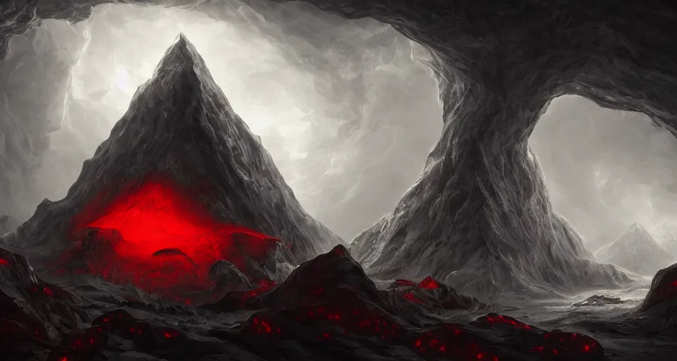 Prompt: black lovecraftian eldritch!! obsidian pyramid!! a in a dark cave, underground, lava flowing, by eugene von guerard, ivan shishkin, night, red lightning!!, storm!, dramatic lighting, concept art, trending on artstation, 8 k