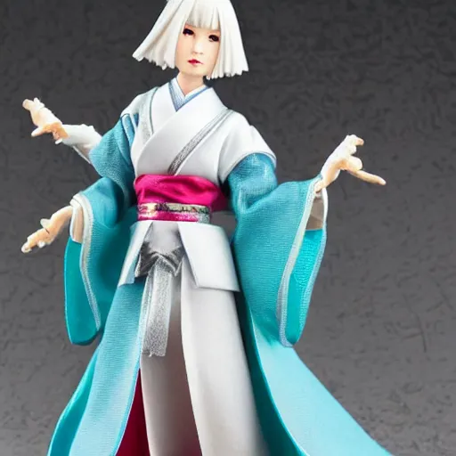 Image similar to a japanese princess young lady, with white hair and bangs!!!! beauty, action figure, well lit, studio light, painted action figure, toy advertisement