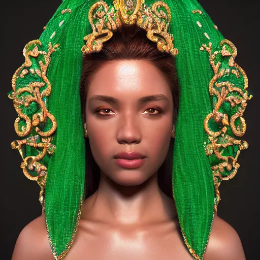 Image similar to portrait of wonderful princess of emeralds with fair skin, ornate, 8 k, gorgeous, intricate, detailed, accent lighting, ethereal lighting, hyper realism, octane render