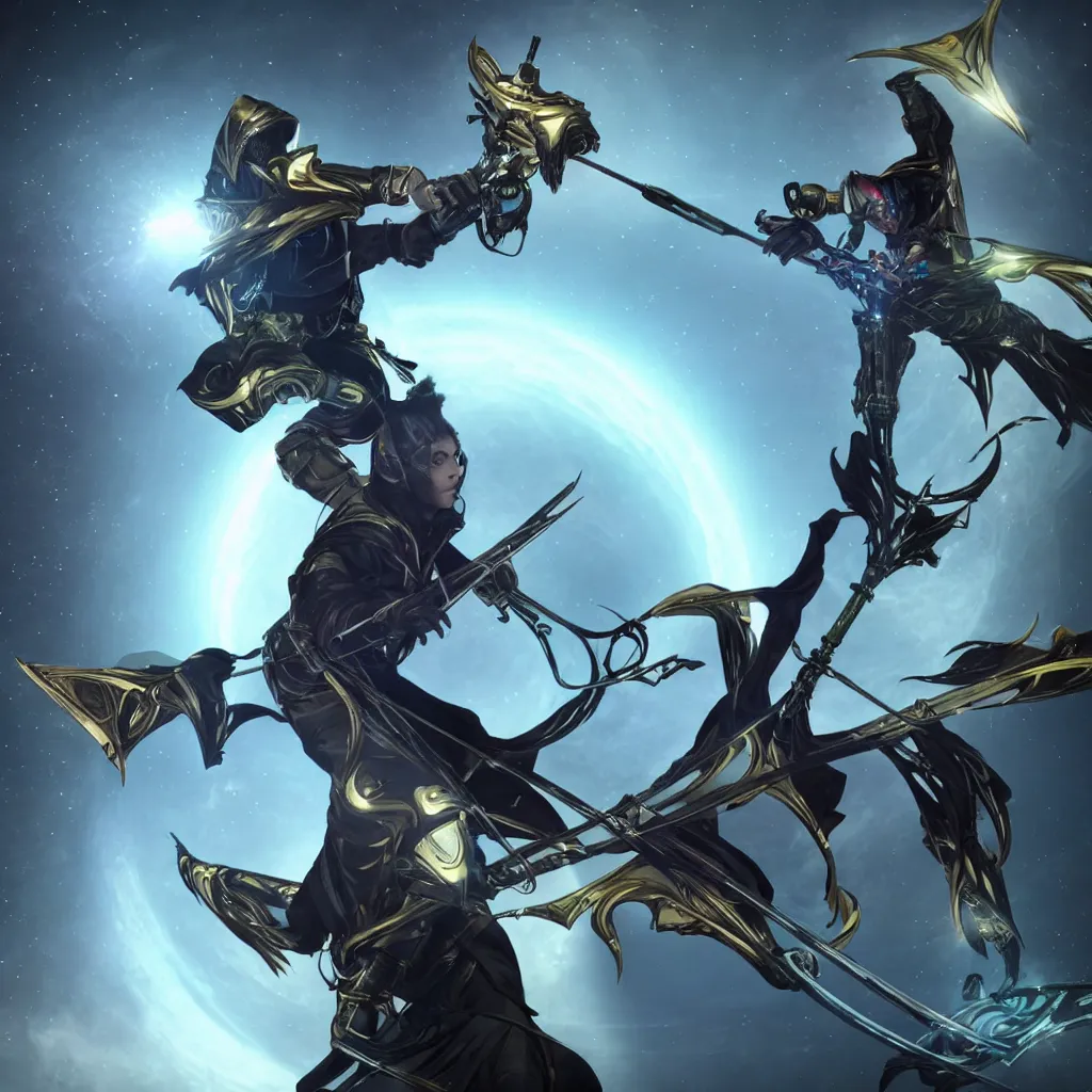 Image similar to warlock from the Destiny video game holding a futuristic bow and arrow.