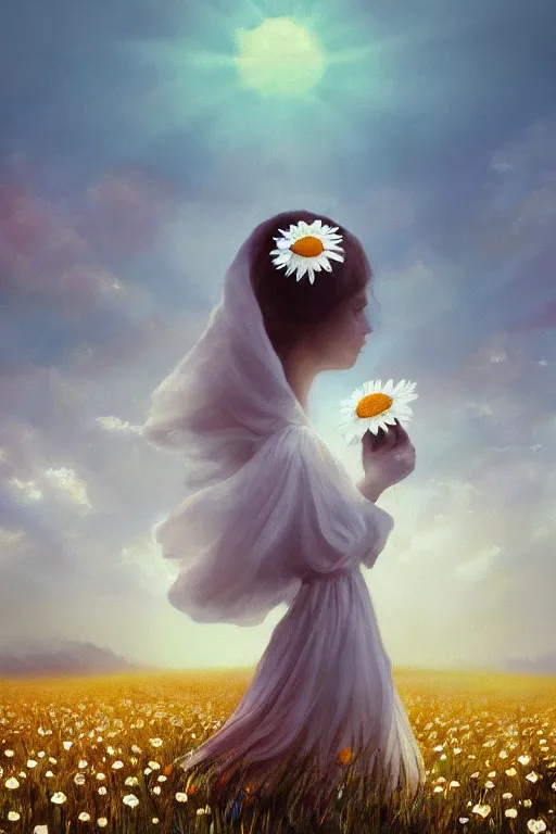 Image similar to giant white daisy flowers as head, veiled girl walking in a flower field, surreal photography, sunrise, dramatic light, impressionist painting, colorful clouds, digital painting, artstation, simon stalenhag