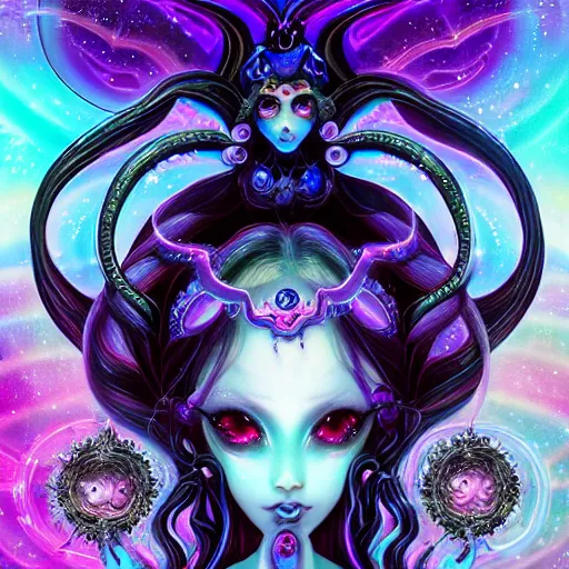 Prompt: A full shot of a dark fairy from the Abyss covered in opal. Symmetrical. Underwater. Lit from above. Dark foreboding Atmosphere. Sailor Moon. Tentacles. Kawaii. Neon glow. By Lisa Frank and HR Giger and Ross Tran. Key Art. Fantasy Illustration. award winning, Artstation, intricate details, realistic, Hyperdetailed, 8k resolution. Photoreal. Octane Render.