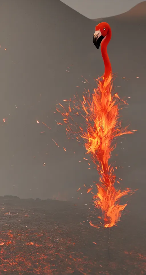 Image similar to a flamingo made out of fire, inferno, magma scarred landscape background, epic sense of scale, unreal engine 5, particle effects,