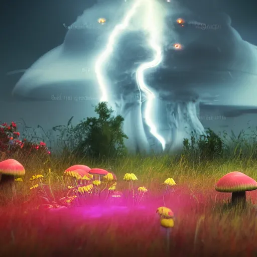 Image similar to a dramatic nuclear explosion but with flowers, mushroom, dramatic lightning, octane render, cinematic rendering, 8k