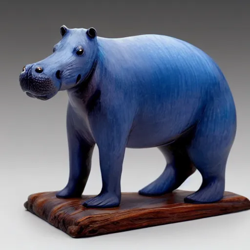 Image similar to a small smooth hippo statue carved from natural wood, dipped in polished blue resin, half and half, mixed media, side view