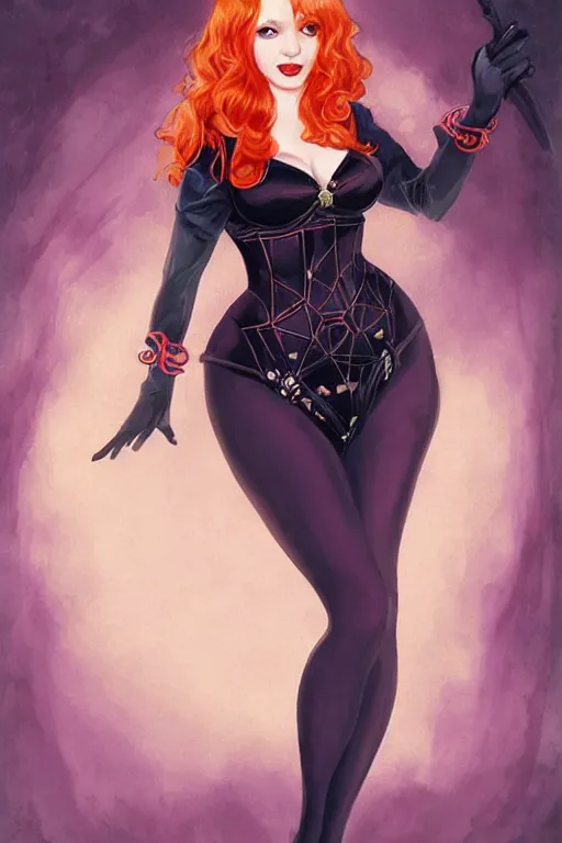 Image similar to frontal standing pose portrait of Christina Hendricks as a sensual Sabrina the Teenager Witch, very beautiful young woman, ginger straight hair, Victorian-era push-up underwire. Intricate, concept art, magic mystique imagery themed, D&D!, fantasy style, sharp focus!, ultra detailed, art by Artgerm and Peter Andrew Jones, WLUP, Magali Villeneuve