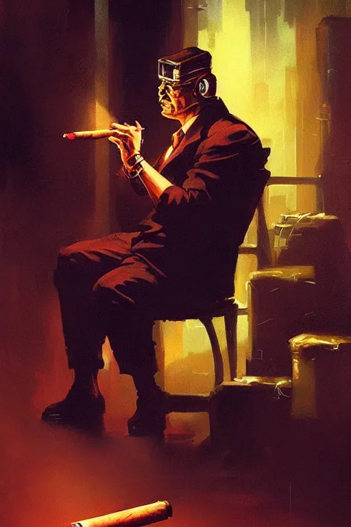 Prompt: A mafia boss lighting a cigar in a cyberpunk setting, by Frank Frazetta, dramatic lighting, high contrast colours, as trending on Artstation, highly detailed,