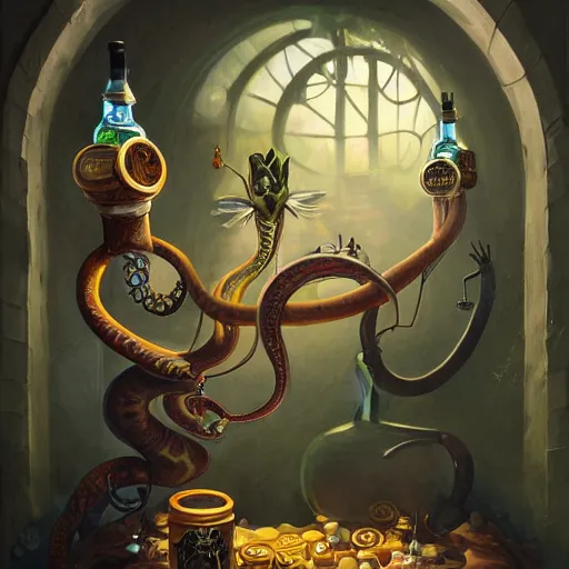 Image similar to a grinning anthropomorphic snake selling bottles of medicine, fantasy, steampunk, peter mohrbacher