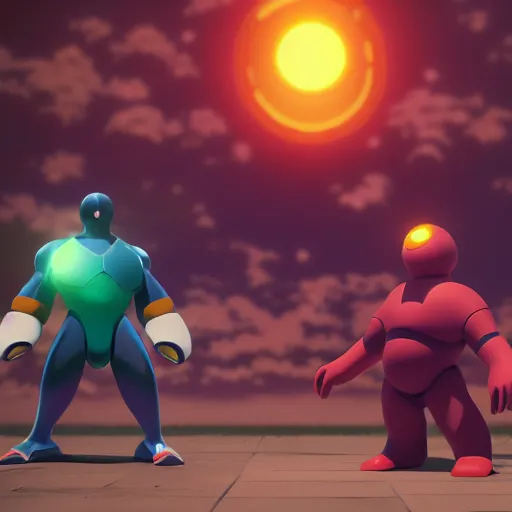 Image similar to an epic anime of energy man next to kirby, ghibli, unreal 5, octane render, rpg portrait, dynamic lighting, epic, epic anime, 2 d