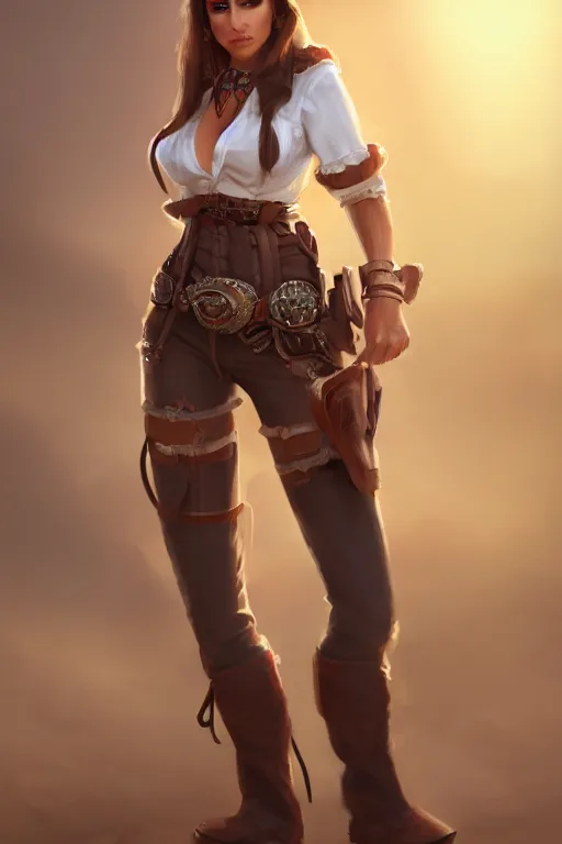 Image similar to full body, female cowgirl, perfect face, white blouse, holster, 8 k, magic the gathering, desert, d & d, artstation, high detail, smooth, sweaty character concepts by senior concept artist